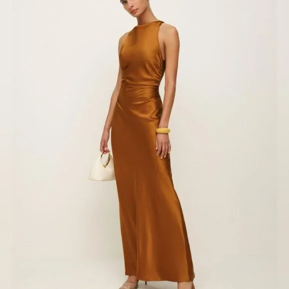 NEW Reformation Anaiis Silk Maxi Long Dress in Copper Brown | size 2 - Picture 1 of 11